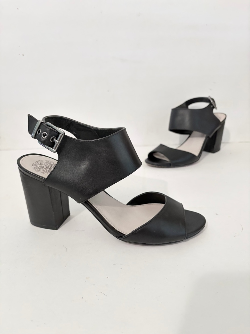 Vince Camuto Banna Black Leather Block Heel Sandals